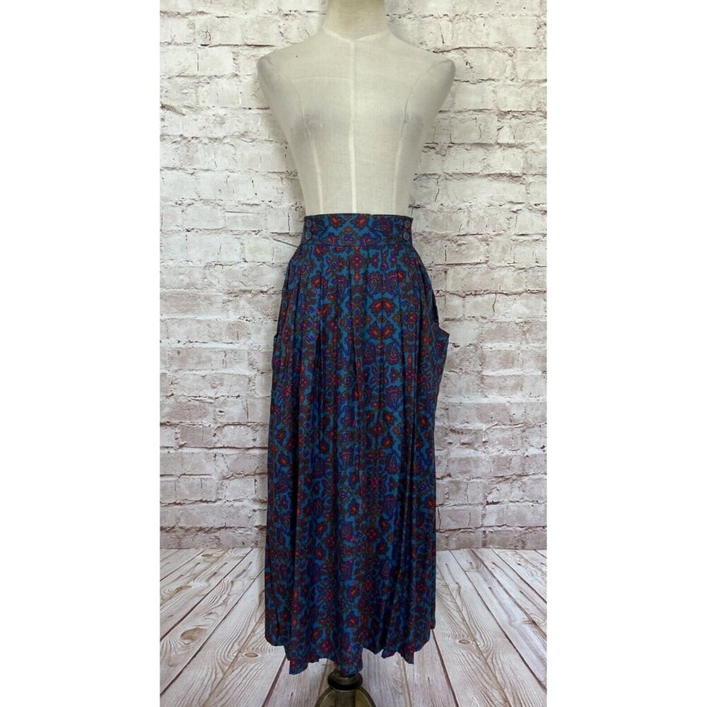 SK & Company Skirt 12 Vintage 80s Teal Medallion Scarf Print Pleated Midi Rayon